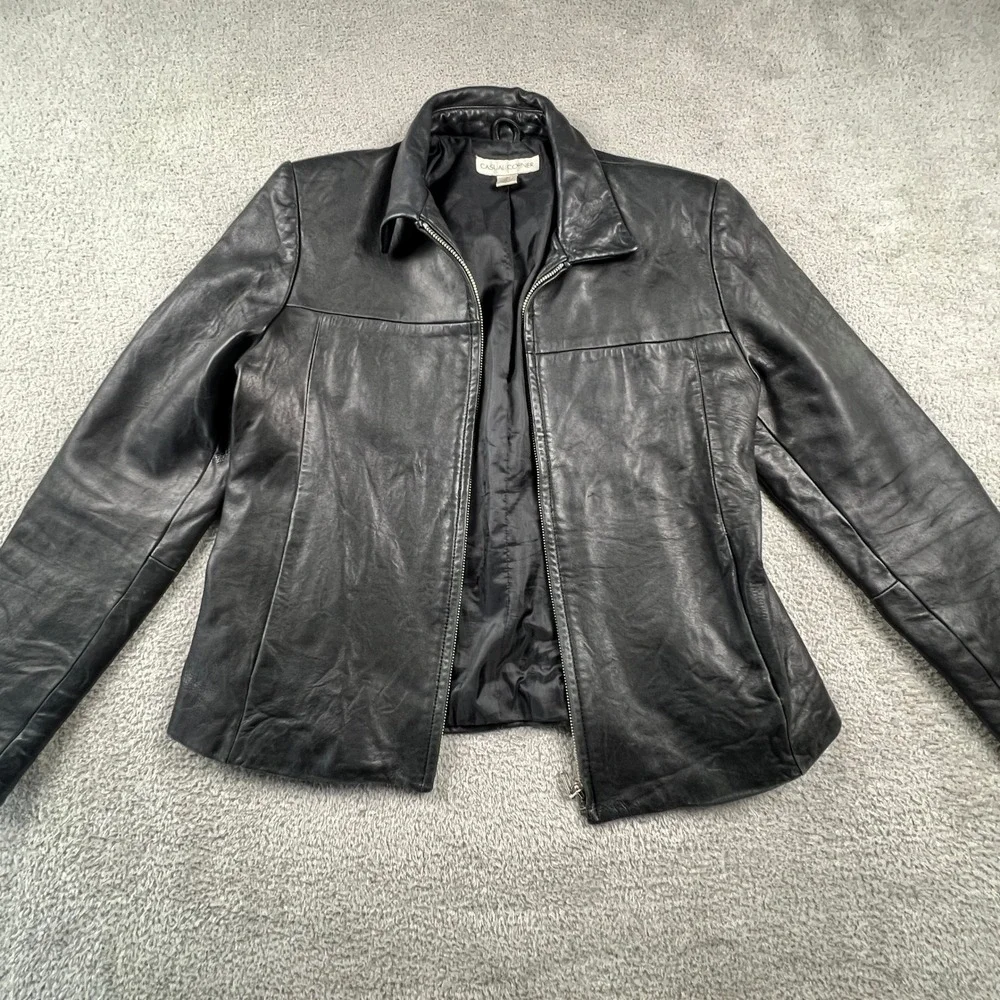 Genuine Leather Jacket Womens Medium‎ Black Zip Up Moto Casual Corner